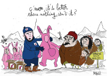 An illustration of a humanitarian worker handing out giant pink bunny rabbit costumes to people who are looking cold and miserable. The humanitarian worker is saying “C’mon, it’s better than nothing isn’t it?”.