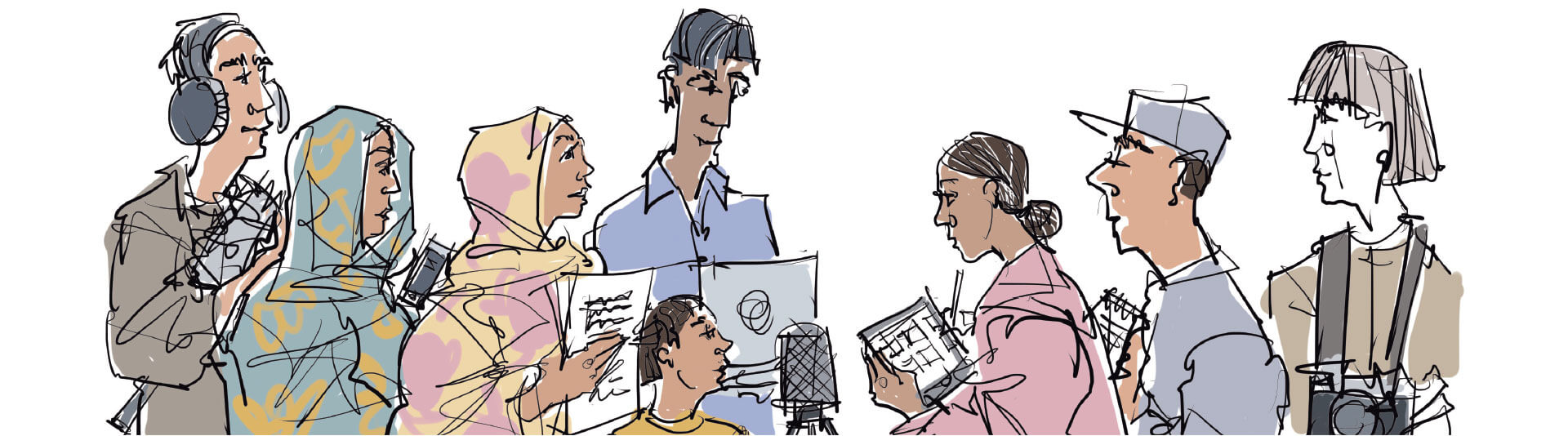 An illustration of two groups of people facing each other. The first group has five people among whom one using headphones, one holding some papers and one using a laptop, along with a child speaking into a microphone. The second group has three people among whom one using a tablet, one a notepad and the last a camera.