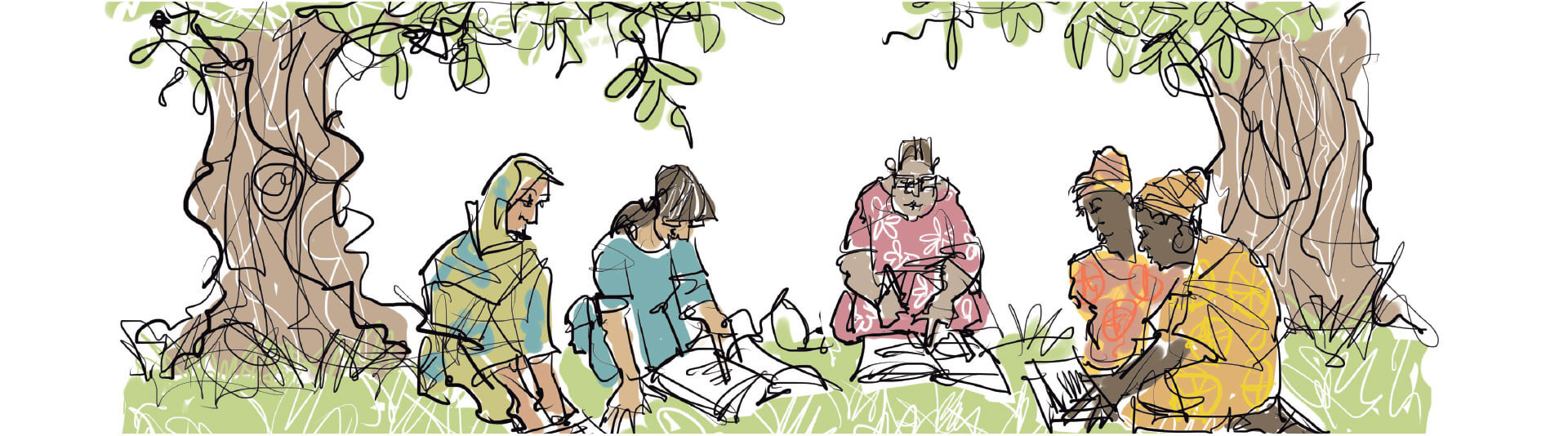 Dessin de cinq femmes assises en cercle sur le sol, à l’ombre de deux arbres, qui consultent des ouvrages. La scène représente un environnement d’apprentissage participatif. Il n’est pas possible de savoir si la séance de formation est dirigée et, le cas échéant, par qui.
