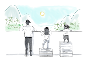 An illustration of three people facing into the image, looking over a wall at a beautiful landscape. The man on the left is tall enough to see over the wall. The youth in the middle is standing on one box so can see over the wall. The small child on the right is standing on two boxes so can also see over the wall.
