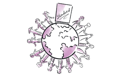 An illustration of the world globe with fifteen people standing on it hand in hand along with a giant book titled 'Standard'.
