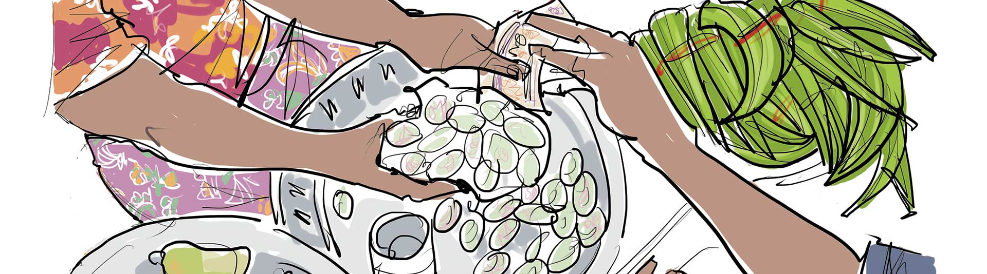 An illustration of two people, only their arms visible, trading money for some beans.